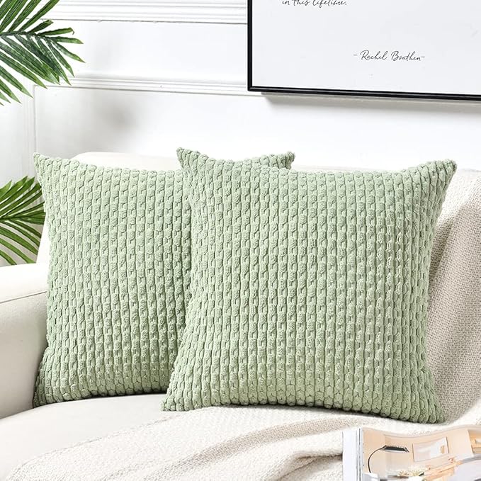 Fancy Homi 2 Packs Sage Green Decorative Throw Pillow Covers 20x20 Inch for Couch Bed Sofa, Modern Farmhouse Boho Home Decor, Soft Cute Plush Corduroy Cushion Case 50x50 CM