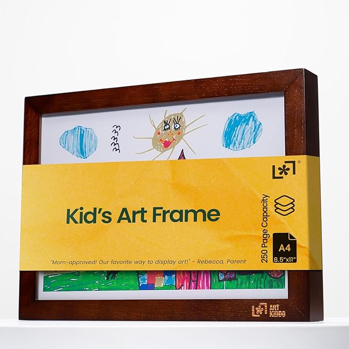 Magnetic Kids Art Frame 8.5x11 – Lift-Top Real Wood Artwork Display & Storage – Strap-Free Changeable Frame Holds 250 Drawings – Freestanding or Wall Mounted - Brown