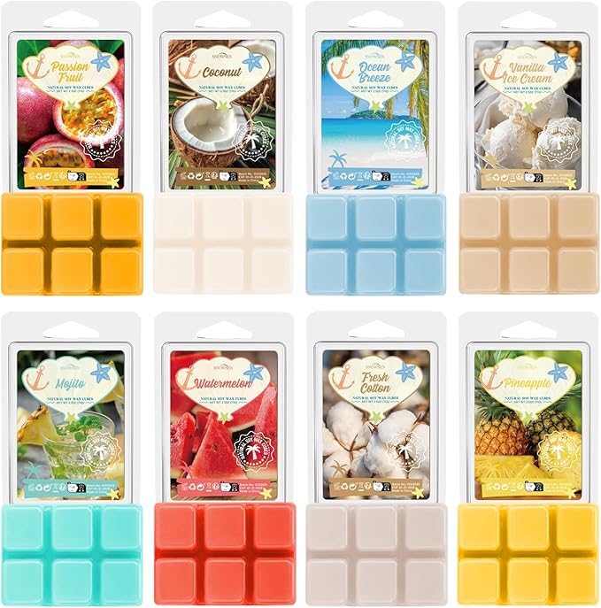 Summer Wax Melts Gift Set, Long Lasting Soy Scented Wax Cubes for Wax Warmers, Coconut, Pineapple, Watermelon, Mojito, Passion Fruit, Vanilla Ice Cream, Ocean Breeze, Fresh Cotton, 8x2.6 oz