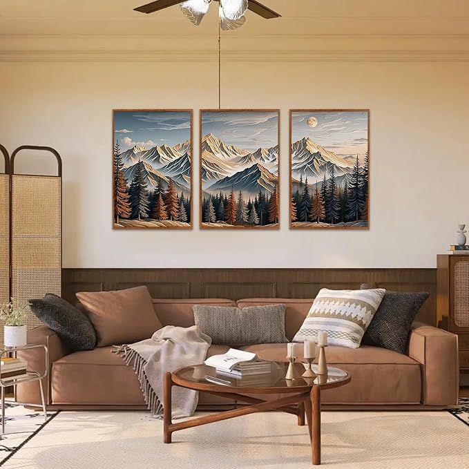 LHIUEM Vintage Landscape Wall Art,Large Wood Wall Art,Carved Wood Wall Decor,Earthy Landscape Canvas Art Prints,Big Snow Mountain Sunrise piciures,Birch Tree Painting for Home Office -24"x36"x3