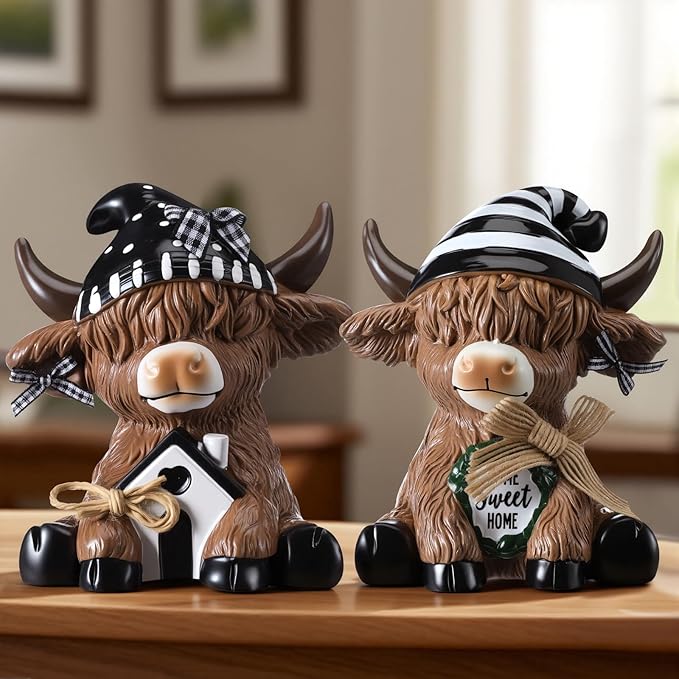 Wesiti 2 Pcs Highland Cow Home Decor Figurines Resin Farmhouse Ornament Set, Cute Cow Statues with House Home Sweet Sign, Rustic Tiered Tray Table Decor Gifts for Garden Kitchen Office
