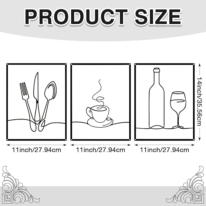 Otoolling 3 Pieces Metal Minimalist Line Kitchen Signs Wall Decor Drawing Rustic Kitchen Wall Art for Dining Living Room Home, 14 x 11 Inches(Dining Room,Black)
