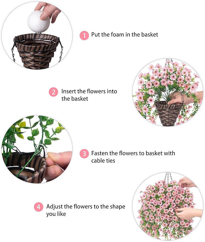 HyeFlora Artificial Hanging Flowers Basket for Outdoor, Fake Flowers Faux Plants Look Real for Yard Gardens Porch Patio Home (Pink)