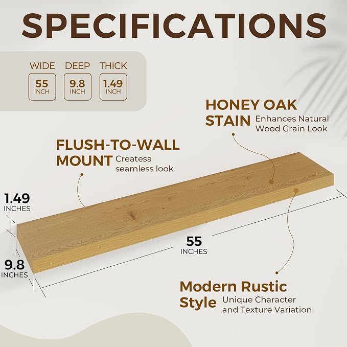 Dreamland 55Inch Oak Floating Shelves 9.8" Deep Wall Mounted Set of 1 | Wall shelves for bathroom, bedroom, Living Room, kitchen, deep wall mount wood storage display for home decor 55" x 9.8"