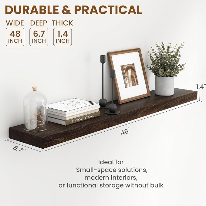 48 Inch Floating Shelves, Rustic Elm Wood Wall Shelves for Farmhouse, Bedroom, Kitchen, Wall-Mounted Long Floating Shelf Heavy-Duty Bracket, Solid Wood Shelf Set of 1 for Home Decor Display, Walnut