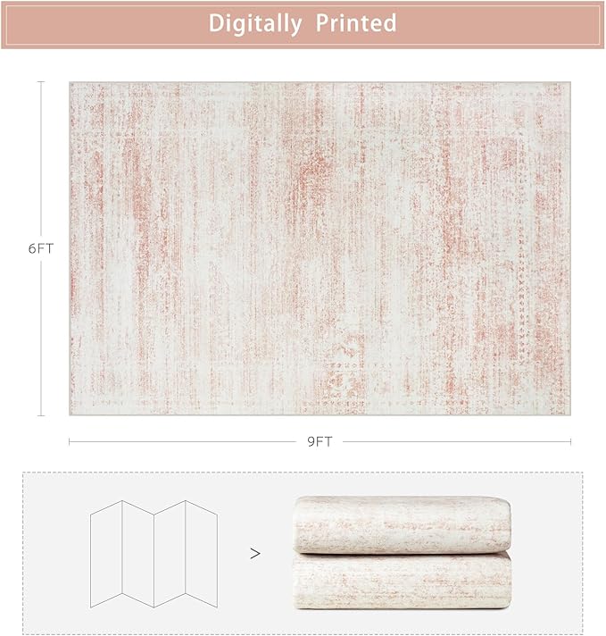 Srugn Washable Rugs 6x9 Area Rugs for Living Room,Bedroom,Dining Room- Ultra Soft Faux Wool Nursery Rug for Baby Girl,Neutral Light Pink Low Pile Vintage Carpets for Dorm Kids Playroom,Non Slip