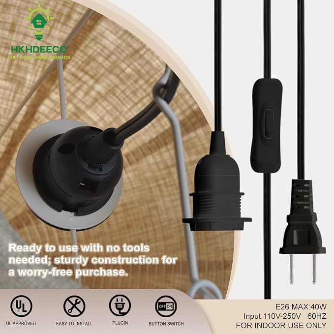 Linen Plug in Pendant Light, 20" Handcrafted Round Hanging Lamp shade with 191 Inch Cord, E26 Socket, Japanese Wabi Sabi Fabric Ceiling Light for Bedroom Living Room, Natural