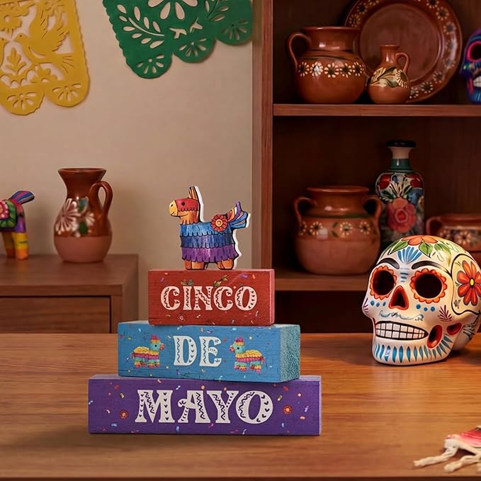 Smile Cinco De Mayo Wooden Block Stack with Piñata Llama Decor, Mexican Fiesta Tiered Tray Tabletop Sign for Cinco De Mayo Party Decorations