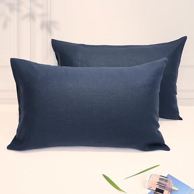 Linen Pillow Cases Standard Size Set of 2,100% French Linen Pillowcase Soft Breathable Envelope Pillow Cover Home Decor Gift for Women(Dark Blue,20x26)