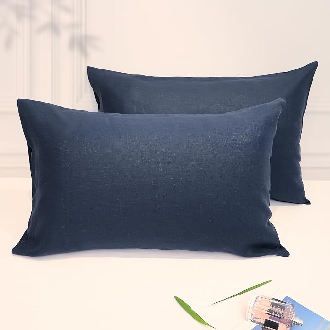 Linen Pillow Cases Queen Size Set of 2,100% French Linen Pillowcase Soft Breathable Envelope Pillow Cover Home Decor Gift for Women(Dark Blue,20x30)