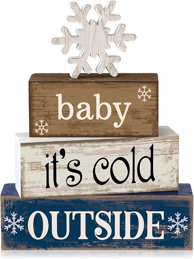 Moucuny 4 Pcs Winter Wooden Tabletop Decor Snowflake Tiered Tray Decor Winter Centerpiece Rustic Snow Block Signs Farmhouse Table Shelf Decoration for Home Office Party