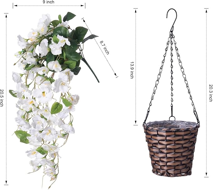 Artificial Fake Hanging Hibiscus Flowers Plants Baskets for Outdoor Decoration, Faux Silk Hibiscus Long Vines in Planter UV Resistant Realistic Flowers for Outside Porch Patio Home Decor, White