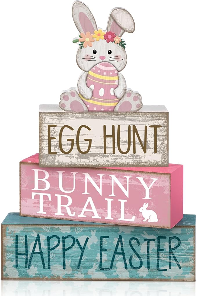 Lineshading 4 Pcs Easter Bunny Table Decor Wooden Pastel Bunny - 3-tier Wooden Tabletop Sign with 3D Floral Rabbit & Egg, Rustic Farmhouse Decorations for Home Easter Egg Hunt Party Centerpiece Gift