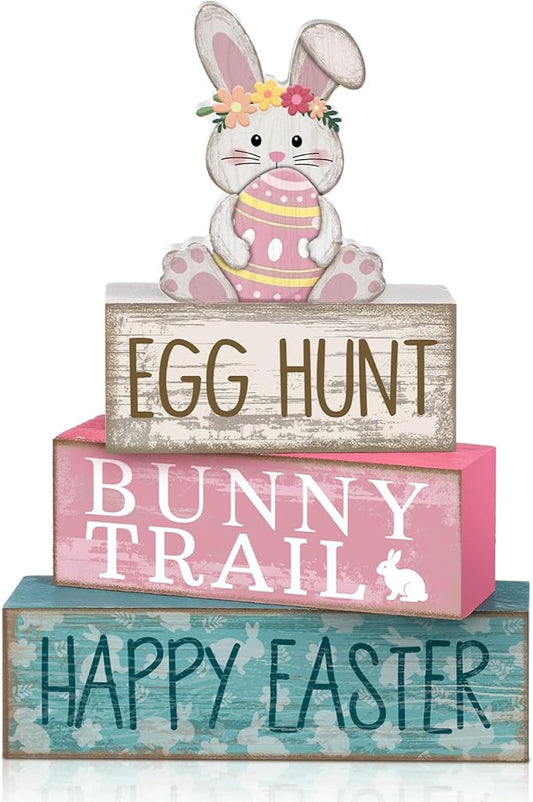 Lineshading 4 Pcs Easter Bunny Table Decor Wooden Pastel Bunny - 3-tier Wooden Tabletop Sign with 3D Floral Rabbit & Egg, Rustic Farmhouse Decorations for Home Easter Egg Hunt Party Centerpiece Gift