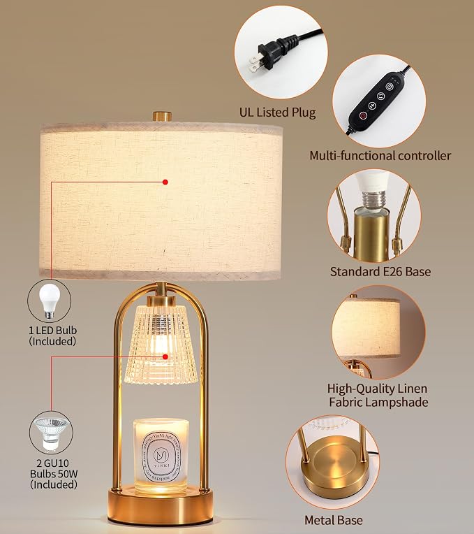 2-in-1 Table Lamp Candle Warmer Lamp with Timer & Dimmer,Large Wax Melt Warmer Modern Bedside Lamp for Bedroom Living Room Home Decor Birthday Gifts for Women D12.5 x H21.2“ Bulbs Included