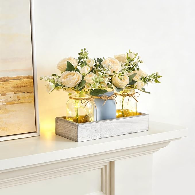 Mkono Mason Jar Lights Centerpiece Table Decor for Dining Room Farmhouse Wood Tray with 3 Jars Flowers Center Pieces Spring Decor for Coffee Table Kitchen Living Room, Grey Blue
