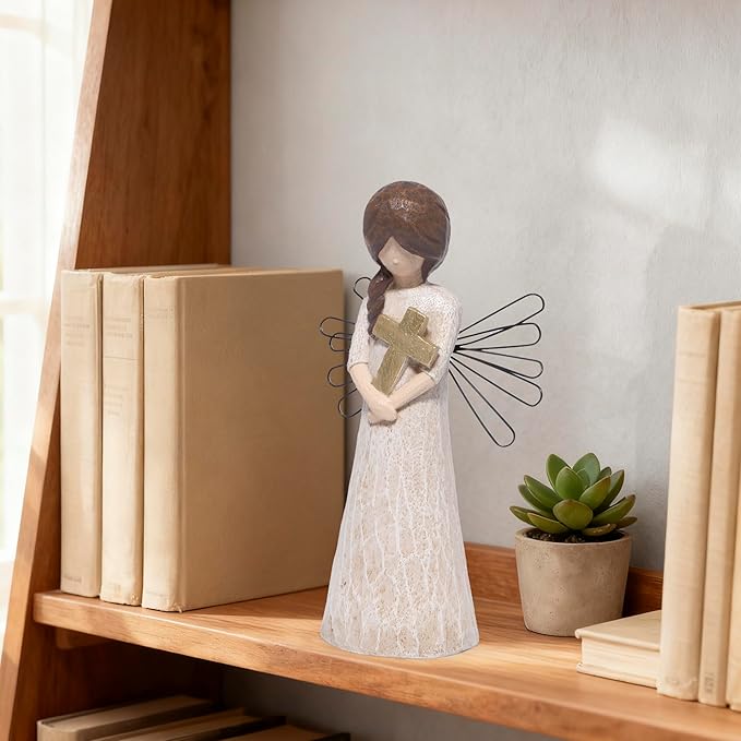 Hodao Angel Figurine with Cross, 5.1" Resin Guardian Angel Ornaments for Home Decorations, Sympathy & Memorial Decor, Indoor Tabletop Religious Figurines, Faith Gift for Women Mom Friends