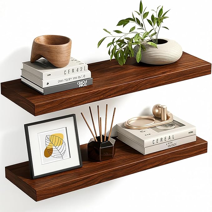 Floating Shelves for Wall Rustic Farmhouse 24 Inch Floating Shelf Wooden Shelves for Wall Pine Wood Shelf with Unique Natural Grain for Living Room Bedroom Kitchen (Espresso)