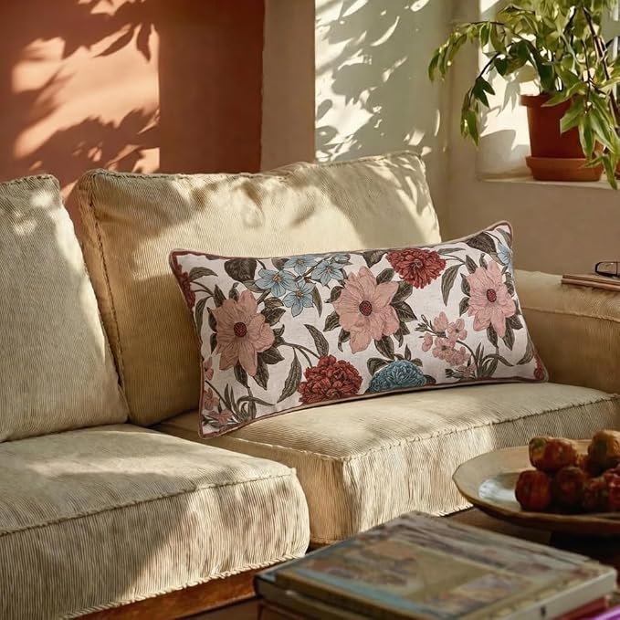 bilin gaier French Vintage Linen Throw Pillow Cover,28"x12"-Burgundyred | Designer Rectangular Pillow Cover,Concealed Zipper Design,Floral Pattern,Sofas,Bedroom,Living Room,Lounge Chairs
