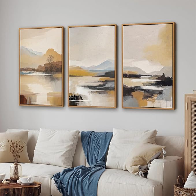 Tinonedraw Beige Abstract Mountain Framed Canvas Wall Art, Mid Century Modern Wall Decor, Rustic Golden Hour Lake Artwork, Neutral Nature Landscape Art Paintings for Living Room Bedroom 16"x24"x3