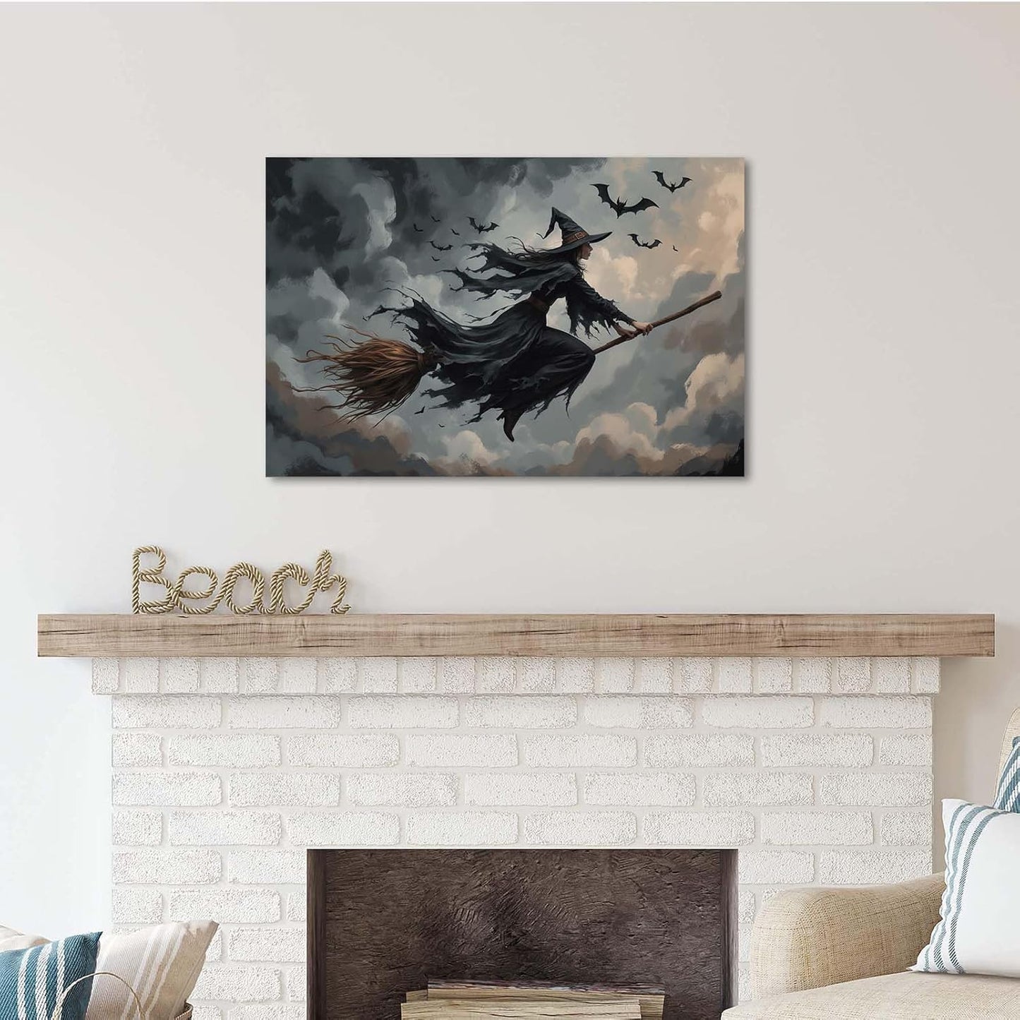 JFHCQJPK Witch and bat flying Halloween poster suitable for home party wall decoration retro Halloween preppy style wall art canvas print suitable for room decoration28x40in Frameless