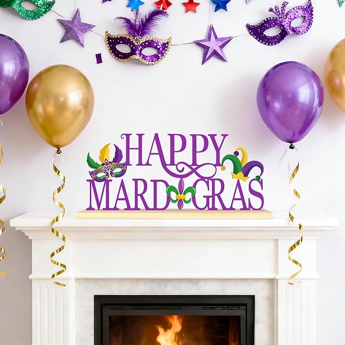 Happy Mardi Gras Metal Table Sign, Mardi Gras Table Decoration Centerpiece, Metal Letter Sign with Wooden Base, Holiday Tabletop Decor for Home, Office, Mantel, Party Supplies