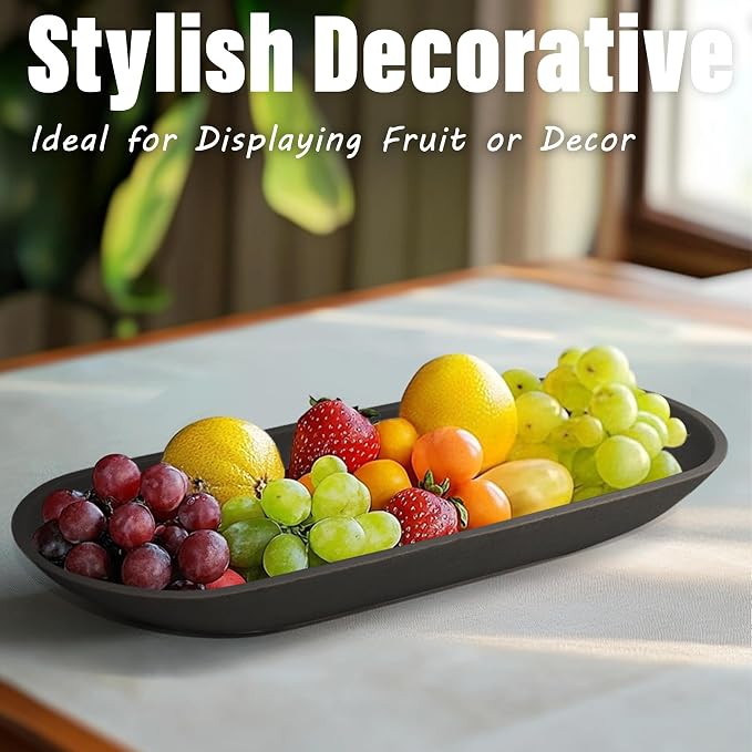 Long Decorative Bowl for Centerpiece, Dough Bowl for home decor 16" Black | Minimalist Design Dough Bowl Decor for Coffee Table and Dining Table Centerpiece. Clutter Organizer with Anti-Slip Base