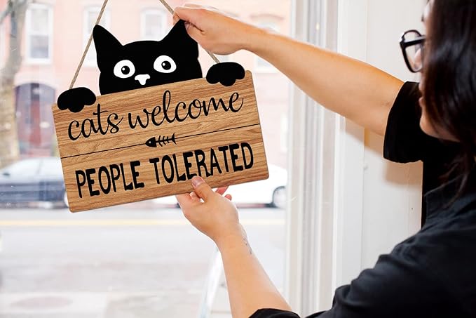 LHIUEM Funny Cat Welcome Sign,Cats Welcome People Tolerated Kitty Kitten Wooden Plaque,10X11 inches Black Cat Wall Decor, Funny wood Sign For Pet Shop Home,Cat Lover Gifts
