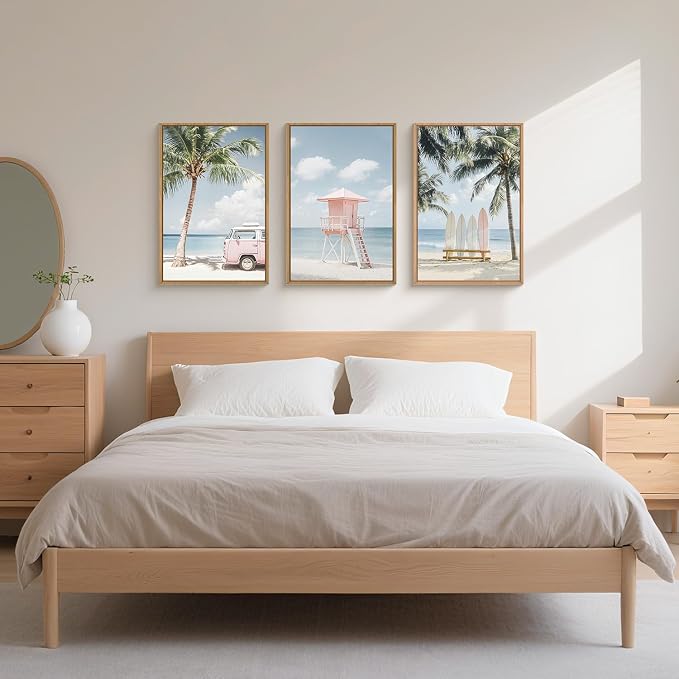Large Beach Seascape Ocean Framed Canvas Wall Art Set,Modern Coastal Surfboard Palm Tree Wall Decor,Summer Pink Van Artwork for Living Room,Bedroom,Dining Room,Office-16 x24 x3