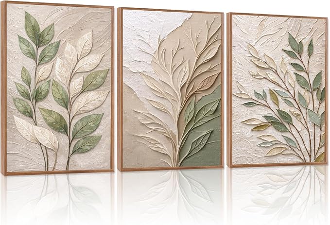 CHDITB 3D Neutral Foliage Impasto Textured Leaf Framed Canvas Wall Art Set, Sage Green Boho Botanical Rustic Country Wall Decor, Earth Tone Plant Art Prints for Living Room Bedroom Farmhouse 16"x24"x3