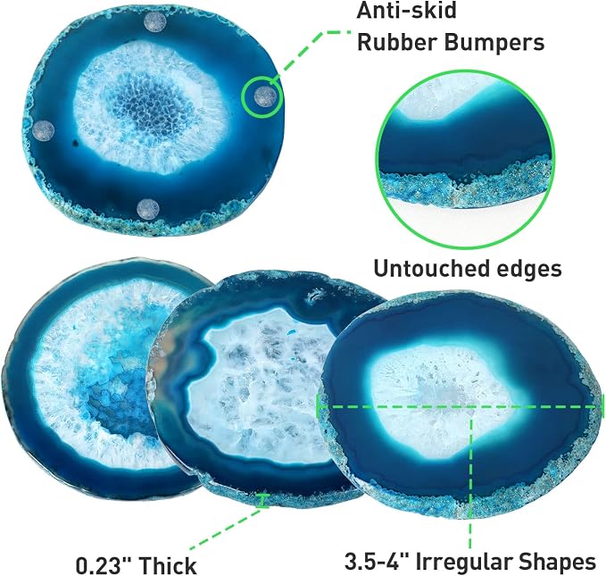 Blue Geode Agate Coasters for Drinks Set of 4 | Natural Stone Coasters 3.5-4", Decorative Gemstone Coasters for Coffee Table, Bar or Desk, Housewarming Gift for Friends