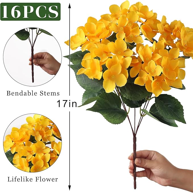 FOTEEWL 16 Bundles Artificial Hydrangea Flowers for Outdoor Decor, Realistic Faux Silk Bouquets Sun-Resistant Fake Plants for Front Door Balcony Farmhouse Garden Home Spring Summer Decor (Yellow)