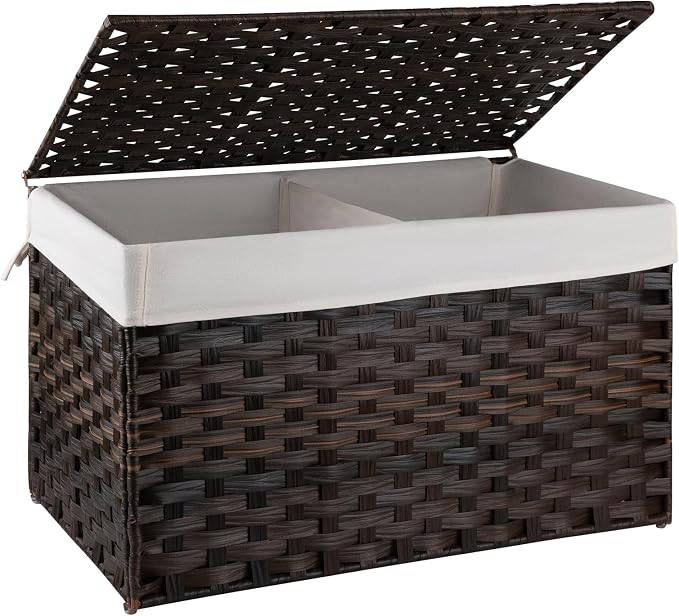 OIAHOMY Storage Basket with Lid, 27.7 Gallon (105L) Blanket Basket with Removable Liner Bag, Synthetic Wicker Hamper with Handle, Large Hamper for Bedroom, Brown