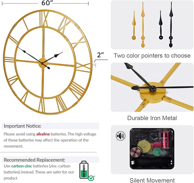 Large Wall Clock for Living Room Decor – 60 Inch Knocked-Down (KD) Silent Non-Ticking Modern Farmhouse Wall Clock, Oversized Decorative Metal Roman Numeral Clock (Gold, 60 Inch)