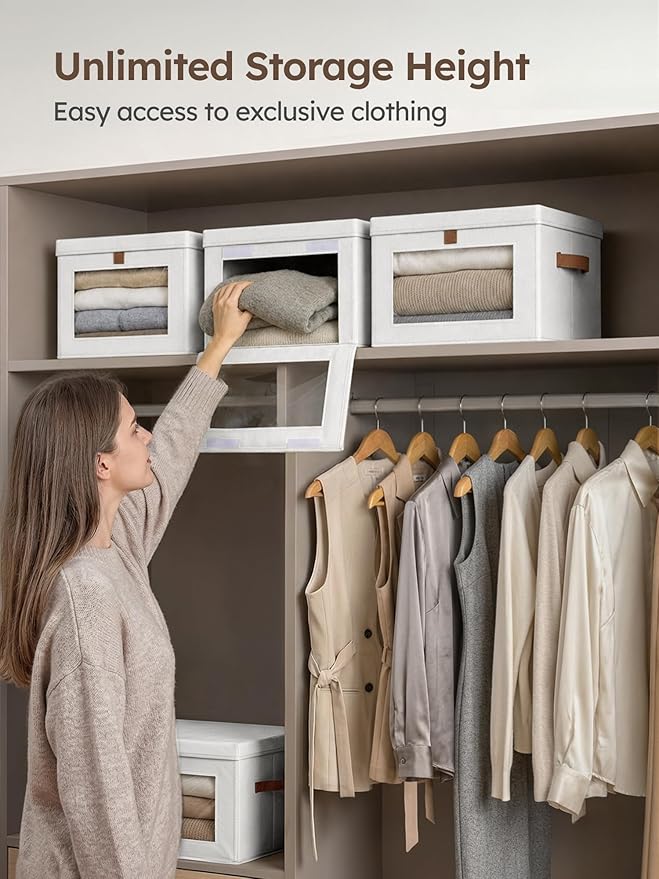 Homsorout Medium Fabric Storage Bins - Closet Shelf Organizer with Open Window, 6 Pack Closet Baskets for Shelves, Stackable Decorative Boxes for Home, Dorm, White, 13.7" x 9.8” x 9.8"