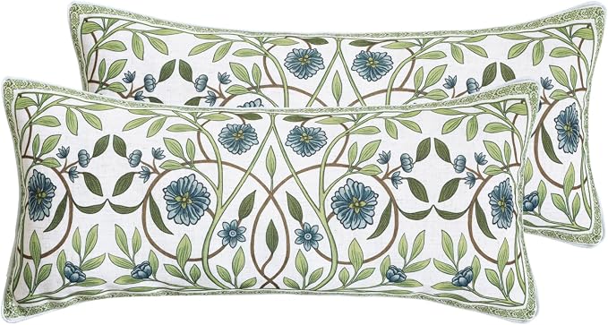 ISAENNE Designer Linen Throw Pillow Cover,Set of 2,28"x12"-Mosella A | Vintage Elegant Rectangle Decor Pillow Cover,Concealed Zipper Design,Floral Pattern,Sofa,Bedroom,Living Room,Lounge Chairs
