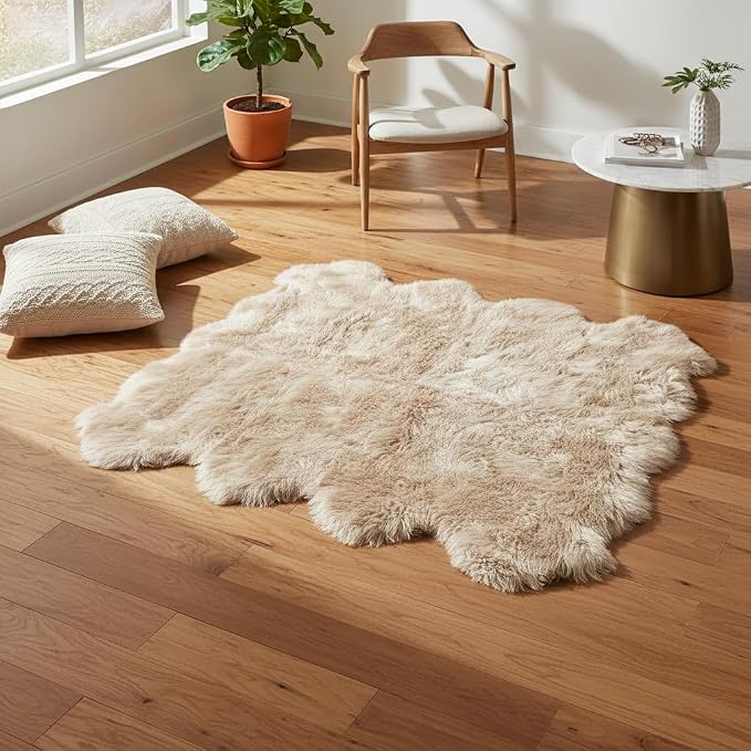 Octo Sheepskin Area Rug 6x6 Ft – 100% Genuine Long Hair Lambskin – Premium Soft & Fluffy Light Beige Rug for Bedroom or Living Room – Made in Argentina