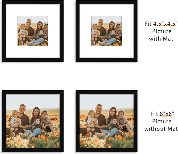 Picrit 8x8 Picture Frame Set of 12, Display 5x5 with Mat or 8 x 8 without Mat, Photo Frames for Wall Mounting or Table Top Display, Black