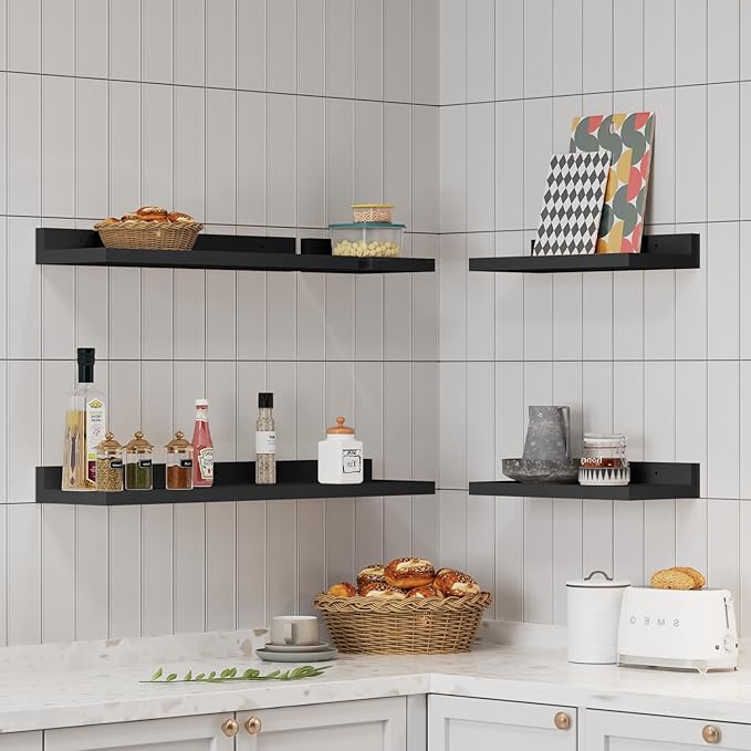 Floating Shelves for Wall Set of 5,Black Floating Shelves bathroom,30 Inch Natural Wood Book Shelf for Wall Mounted,Home Decor Display Shelving,Storage Shelves for Living Room,Bedroom,Kitchen