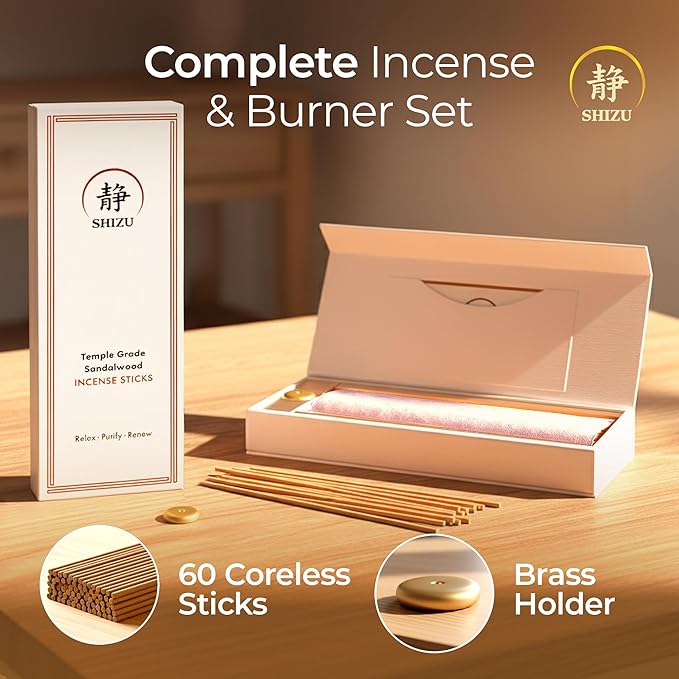 Shizu Sandalwood Incense Sticks – Artisanal Temple Grade Japanese Incense with Brass Holder – Calming Scent for Relaxation, Meditation & Home Spa, Elegant Gift Set (60 Sticks)