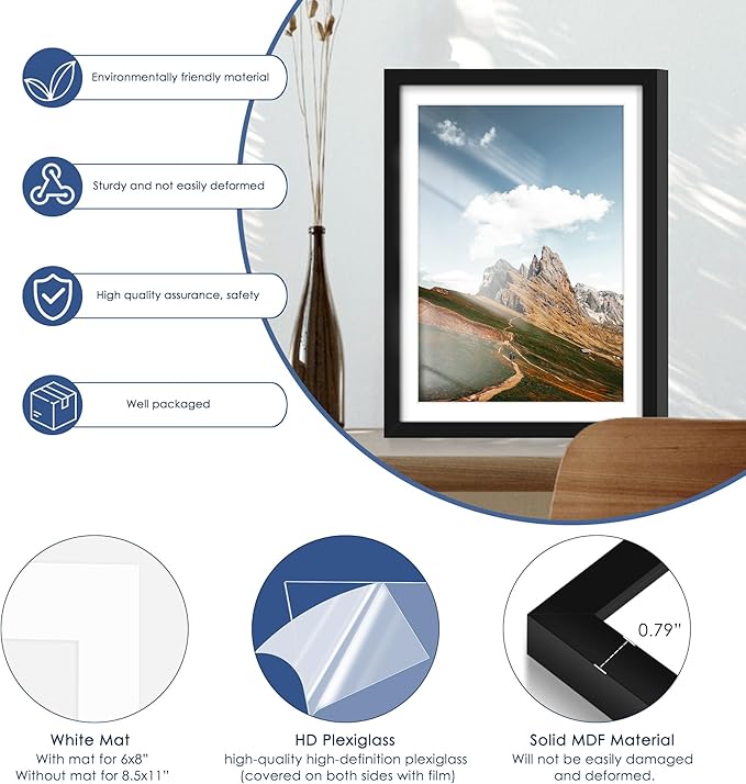 PEALSN 10x13 Picture Frames Set of 6, Display Pictures 9x12 with Mat or 10x13 without Mat for Wall Mounting or Table Top, Photo Frames Collage for Wall Decor, Black.