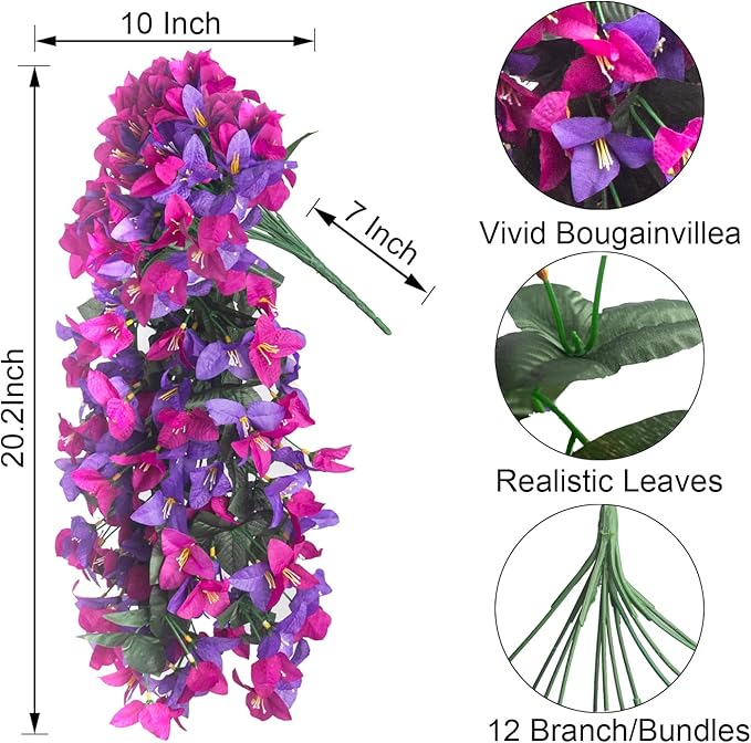 Grunyia 4 Pack Artificial Bougainvillea Hanging Basket Flowers – UV Resistant Fake Flowers with Silk Petals, Realistic Trailing Plants, Outdoor Indoor Wall Garden Home Wedding Decor