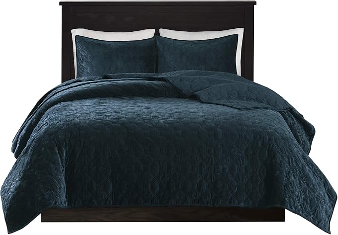 Madison Park Harper Quilt Set Velvet Casual Geometric Stitching Design All Season, Lightweight Coverlet, Cozy Bedding, Matching Shams, Full/Queen(90"x90"), Teal 3 Piece