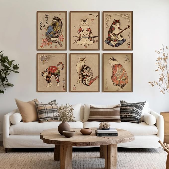 Japanese Cat Wall Art Samurai Cat Canvas Poster Anime Wall Decor Asian Prints Japan Painting Japanese Home Poster Tattoo Fantasy Artwork Funny Pictures for Living Room Bedroom 8x10x6 Inch Unframed