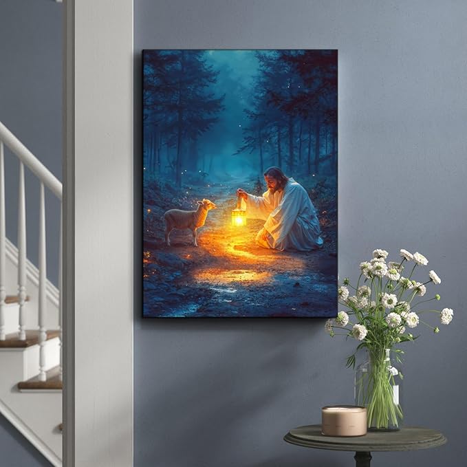 Ploceiny Christian gifts for women Religious wall art decorations for prayer room Jesus Running After Lost Lamb Picture Jesus and lamb canvas posters for home decor A-391 (16"X24")