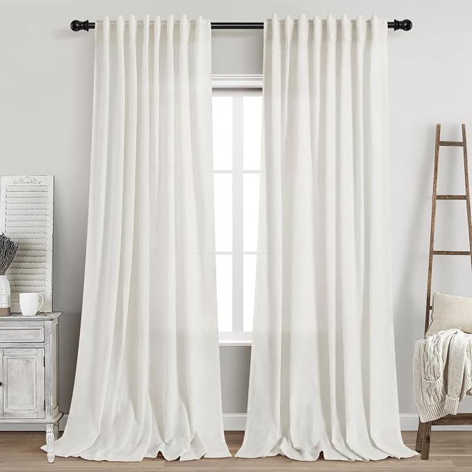 Nanspring Beige White Linen Curtains 96 Inches Long for Living Room Semi Sheer Linen Blend Curtains Back Tab Rod Pocket Light Filtering Farmhouse Coastal Decor Curtain for Bedroom 60x96, 2 Panels