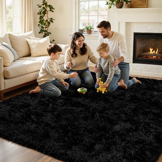 6x9 Area Rug for Living Room, Ultra Soft Fluffy Shag Rugs for Bedroom, Non-Slip Large Fuzzy Plush Rug Indoor Floor Carpet for Nursery Kids Office Dorm Modern Decor, Black