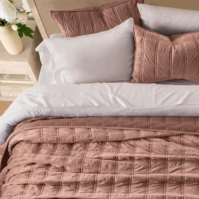 EVERGRACE 3 Pieces Luxurious Velvet Quilt Queen Size, Ultra Soft Bedspread Coverlet Set, Double Box Stitch Lightweight Velvet Comforter for All Season with 2 Shams, Terracotta Clay, 108"x96"