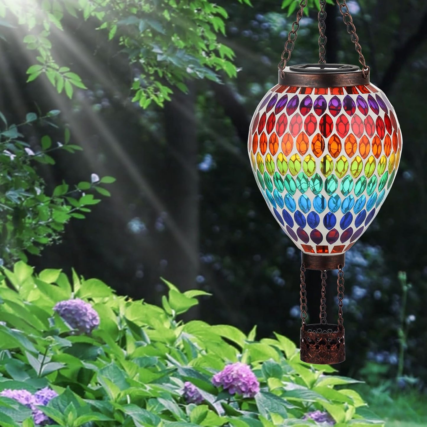 VOREEN Hot Air Balloon Solar Lantern, Mosaic Solar Outdoor Hanging Wind Light, Waterproof, Patio Festive Decor, Gift for Mom Wife Friend, Rainbow Pattern