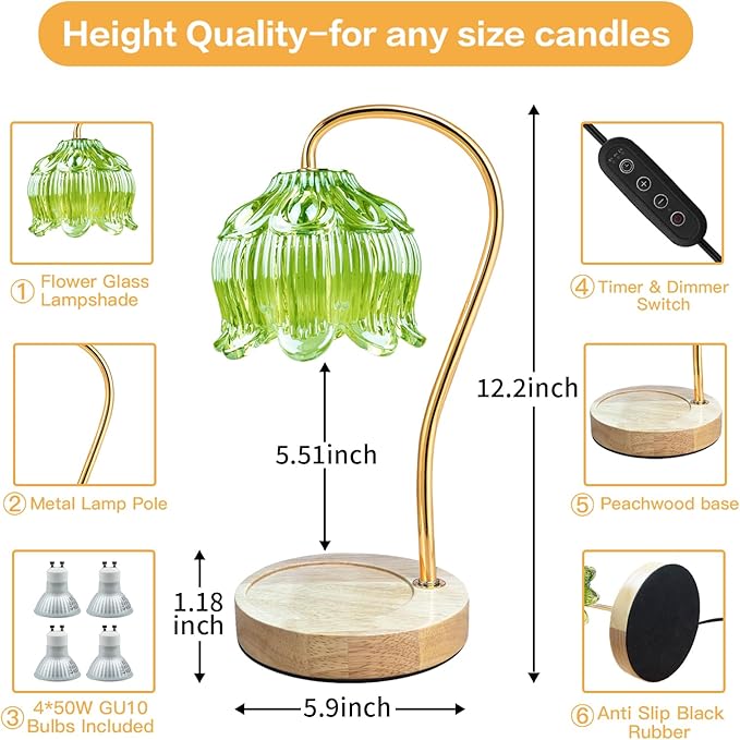 SupBri Dimmable Flower Candle Warmer Lamp, Green Candle Warmer with Timer & 4Bulbs, Birthday Chirstmas Gifts for Women Mom, Unique Home Decor for Bedroom Fits All Jar Candle